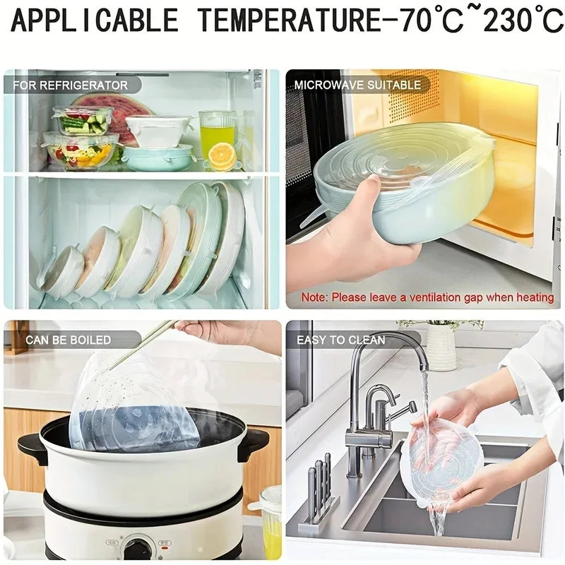 Lot de 6 couvercles extensibles en silicone, réutilisables et résistants, pour la conservation des aliments dans les bols