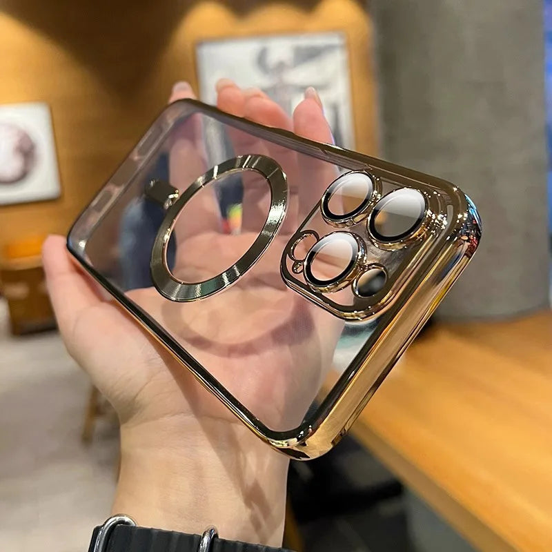 Étui transparent de luxe avec revêtement magnétique pour iPhone 11, 12, 13, 14, 15, 16, 17, Pro Max et Air Plus, compatible avec la recharge sans fil MagSafe et résistant aux chocs