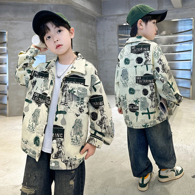 Veste en jean beige tendance printemps-automne pour enfant, dessins pour adolescents, style streetwear, taille 5-14 ans