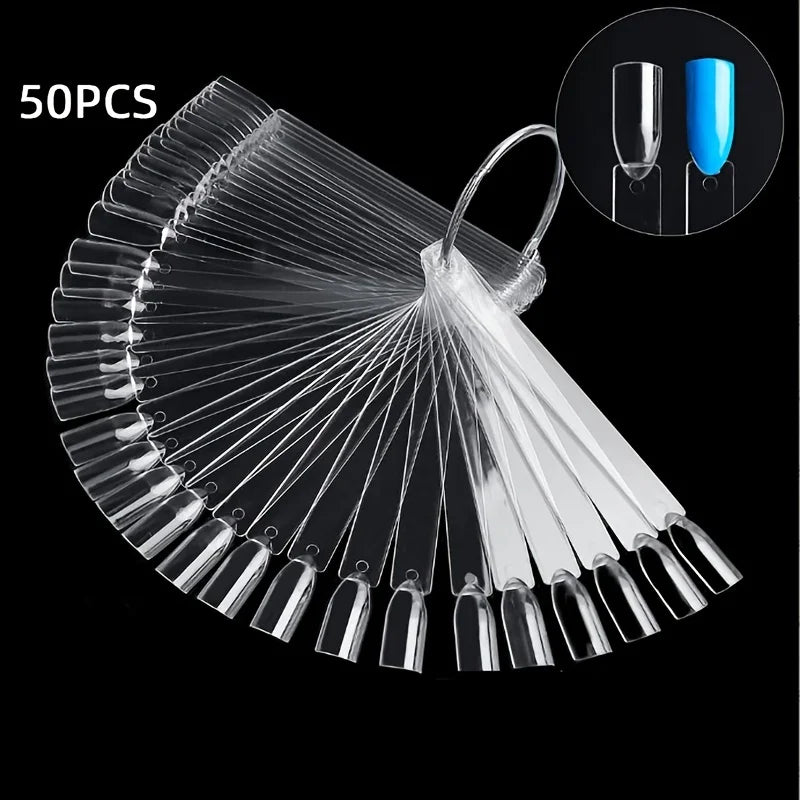 50 bâtonnets d'échantillons de vernis à ongles avec anneau, présentoir transparent en forme d'éventail pour la pratique du nail art, bâtonnets d'échantillons colorés pour la pratique du nail art