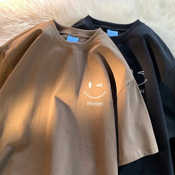T-shirt manches courtes pour hommes et femmes, visage souriant, drôle, mode Couple, américain, basique, Simple, surdimensionné, ample, pull pour garçons
