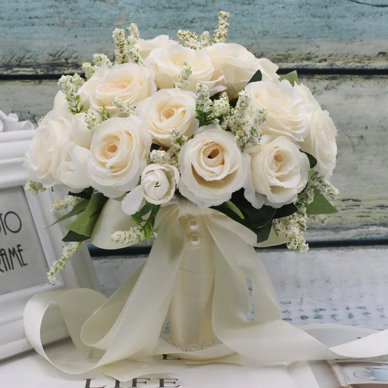 Bouquet de mariée et demoiselle d'honneur en fleurs de soie blanches roses artificielles faites main accessoires de mariage