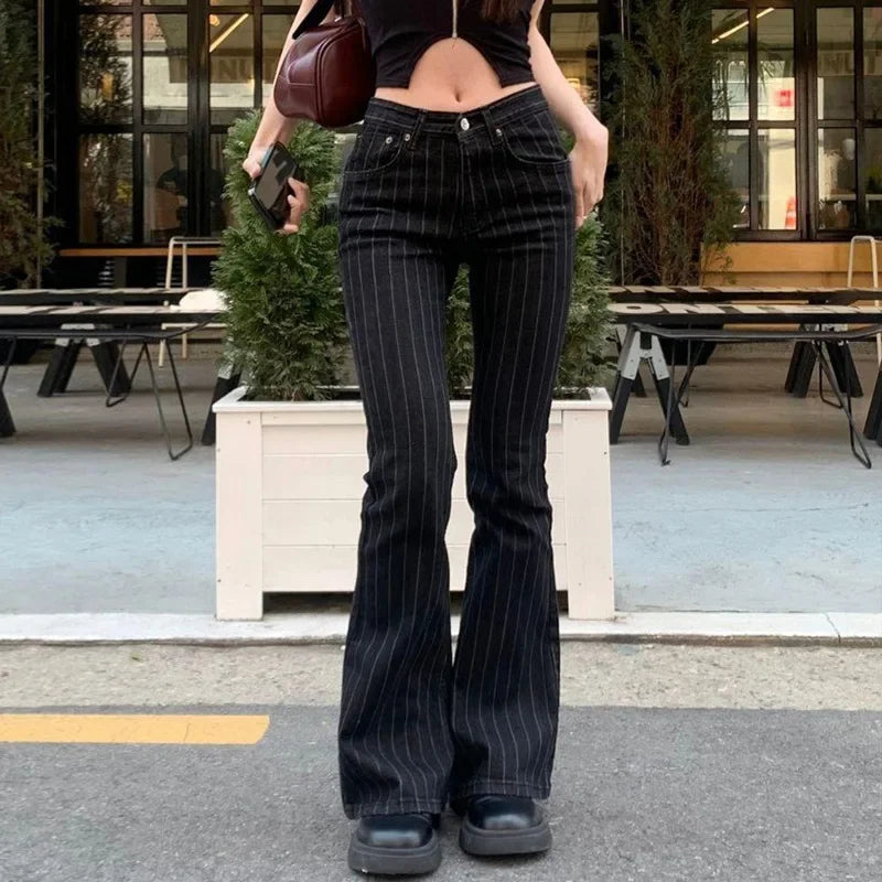 Jean taille basse pour femme, vêtement des années 2000, coupe botte, décontracté, rayé noir, pantalon en Denim, Streetwear, pantalon évasé, P77-DD25