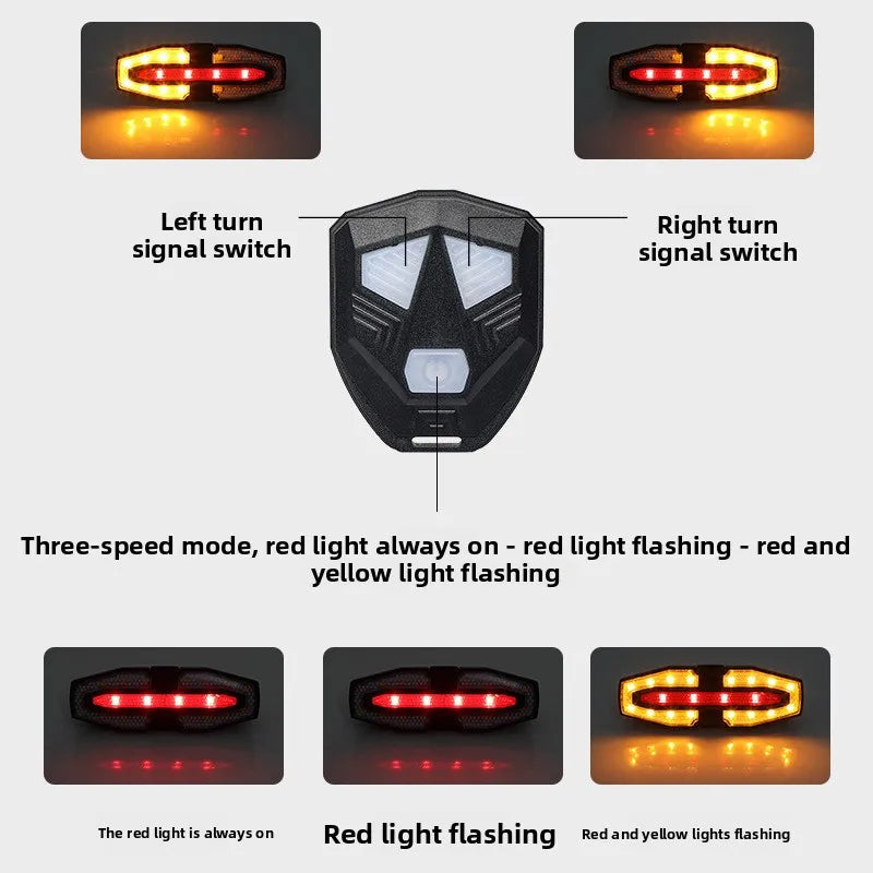 Feu arrière d'avertissement de télécommande de direction de vélo sans fil avec klaxon, son rapide à volume élevé, chargement USB, virage de nuit