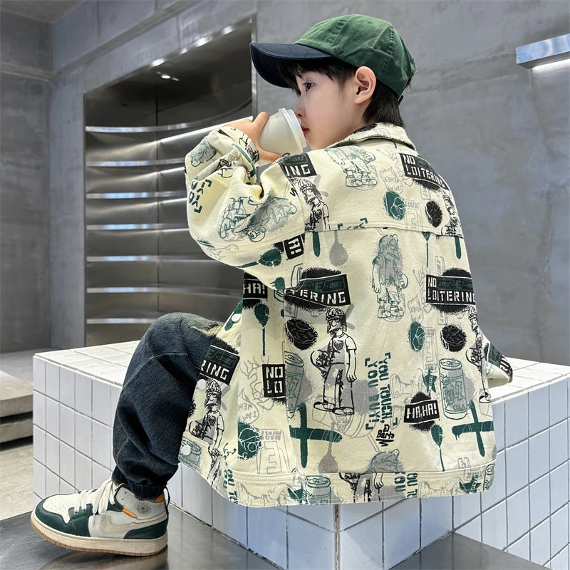 Veste en jean beige tendance printemps-automne pour enfant, dessins pour adolescents, style streetwear, taille 5-14 ans