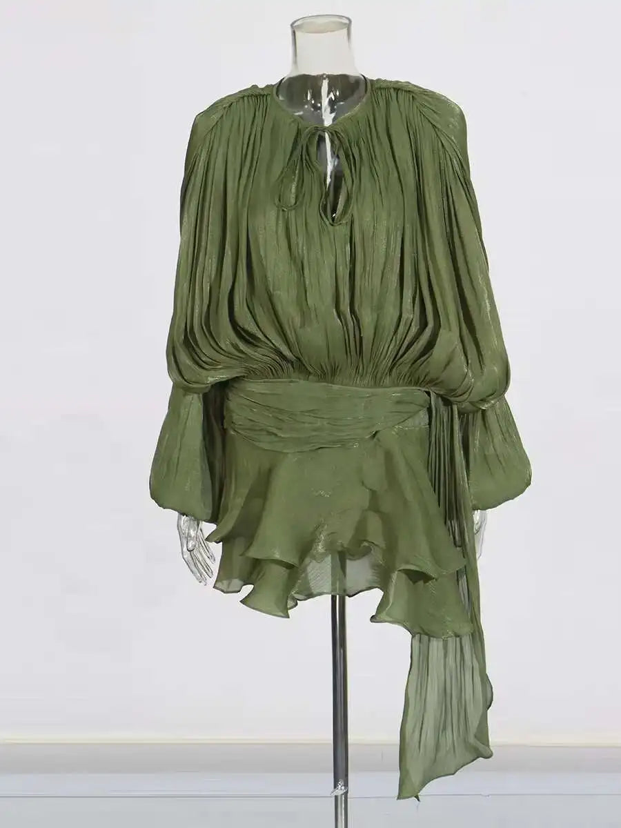 TWOTWINSTYLE – Mini robe chemisier unie pour femmes, col en V, manches longues, à lacets épissés, Style doux, vêtements féminins à la mode