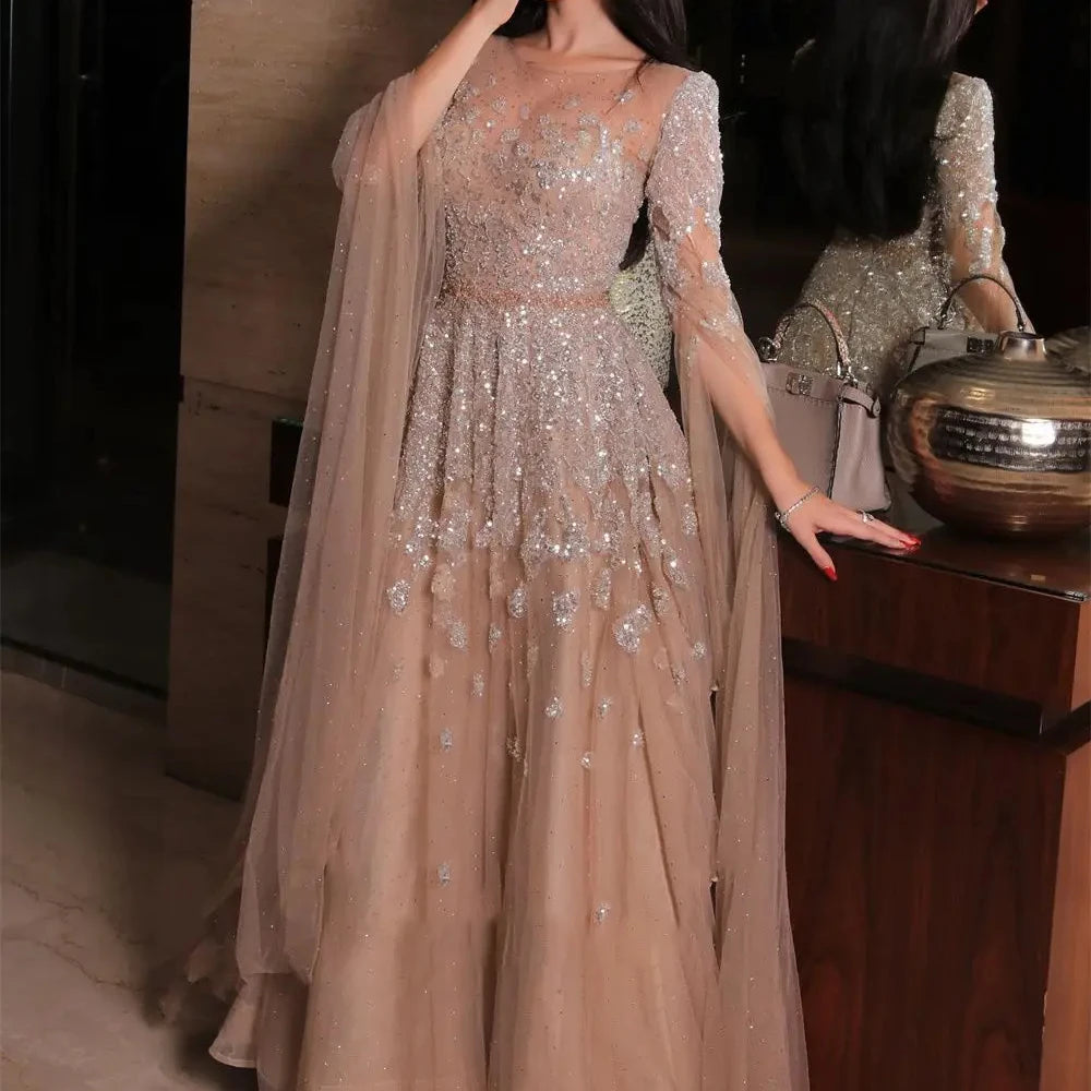 Robe de soirée trapèze à manches chauve-souris personnalisées, ornée de tulle brillant et de sequins, robe de bal exquise et élégante