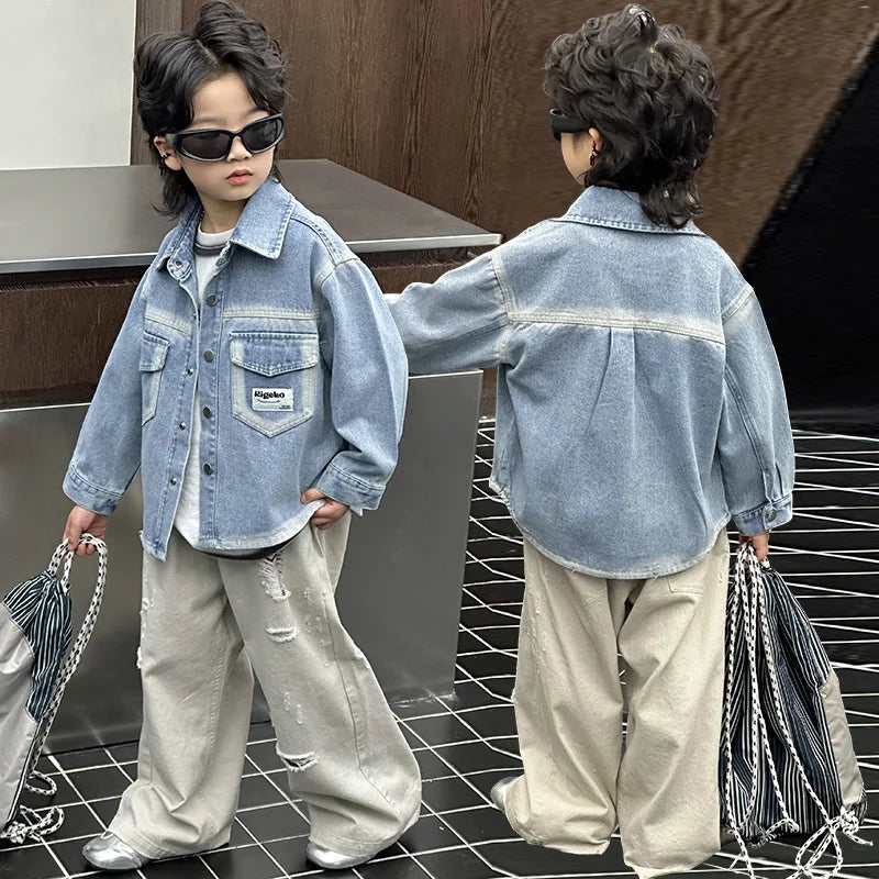 Veste en jean pour bébé garçon, style printemps-automne, avec poche avant. Tenue décontractée pour enfant. Vêtements streetwear tendance