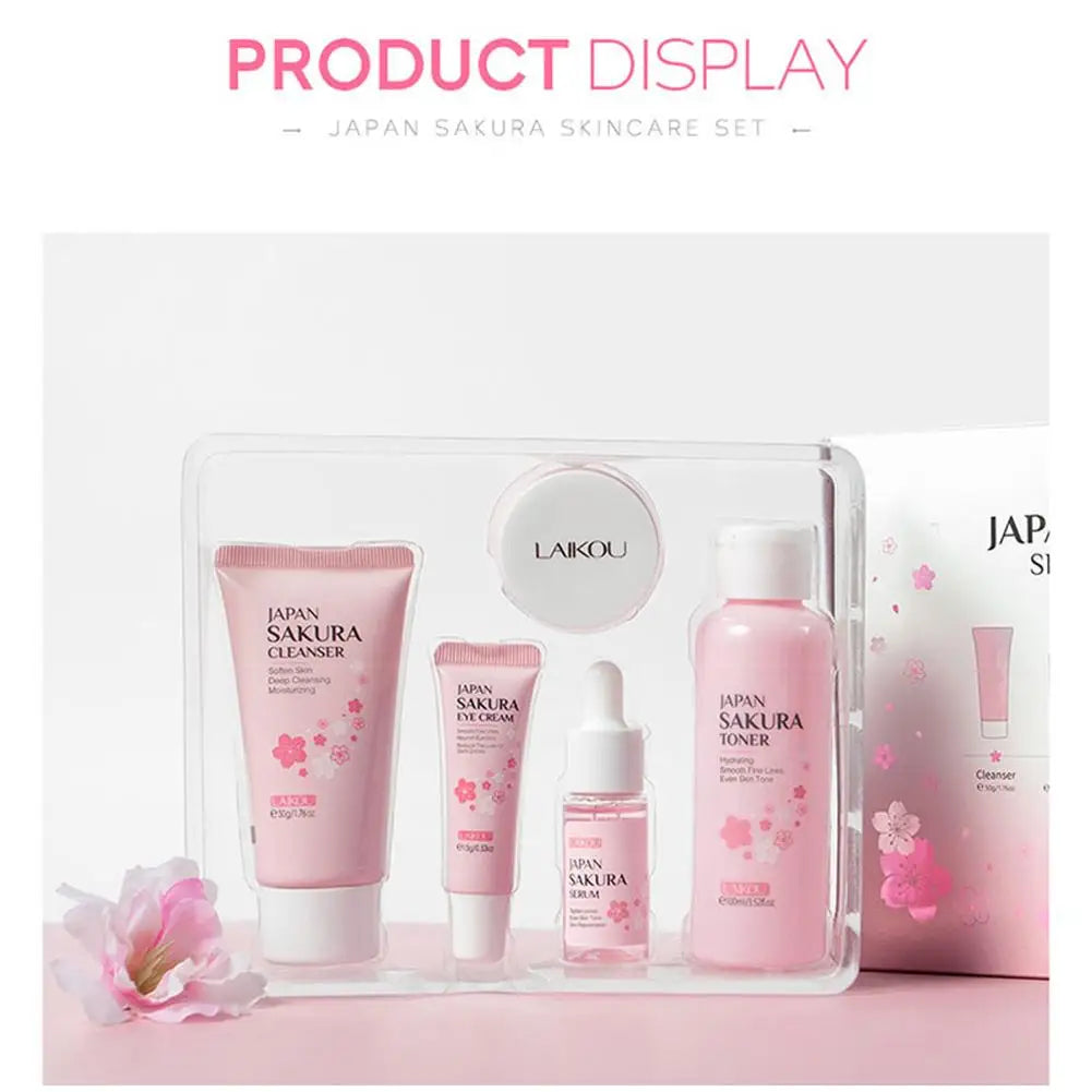 Coffret cadeau Sakura pour le soin du visage (5/3 pièces) : crème, sérum, lotion tonique, nettoyant visage, protection solaire, contour des yeux