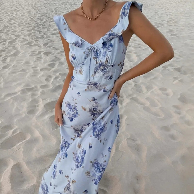 Robe Maxi plongeante à imprimé Floral cryptographique, tenue Sexy, dos nu, tenue de soleil féerique, vêtements de plage, vacances, Coquette, été