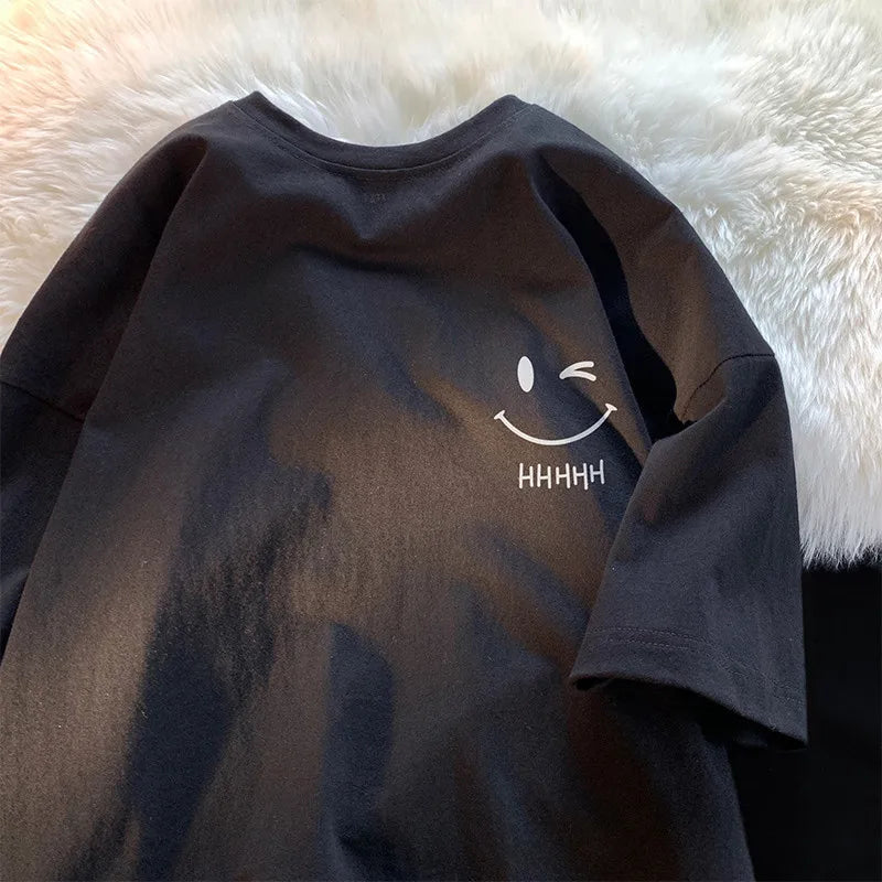 T-shirt manches courtes pour hommes et femmes, visage souriant, drôle, mode Couple, américain, basique, Simple, surdimensionné, ample, pull pour garçons