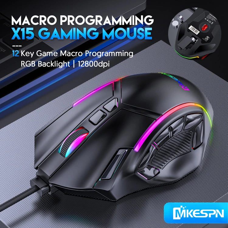 Souris gaming 12800 DPI sans poids, macro RGB, 12 touches programmables, éclairage RGB jusqu'à 6 niveaux, compatible PC, Mac, PC portable et PUBG.