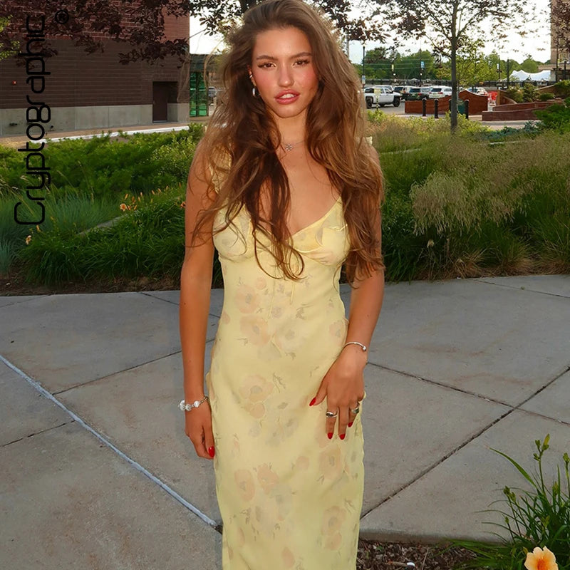 Robe Maxi plongeante à imprimé Floral cryptographique, tenue Sexy, dos nu, tenue de soleil féerique, vêtements de plage, vacances, Coquette, été
