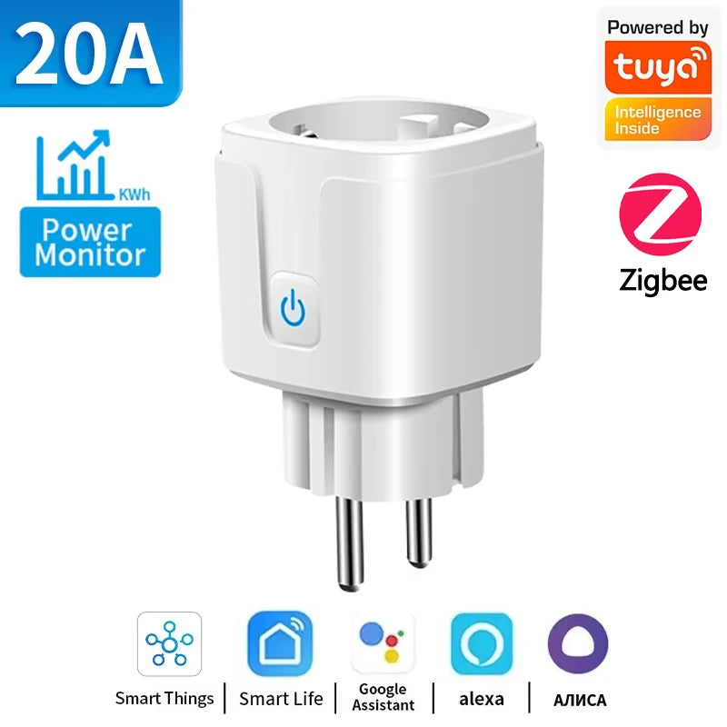 Prise intelligente TUYA WiFi ou Zigbee3.0, ue 16/20A, avec moniteur de puissance, fonction de synchronisation, commande vocale, fonctionne avec Alexa Google Home