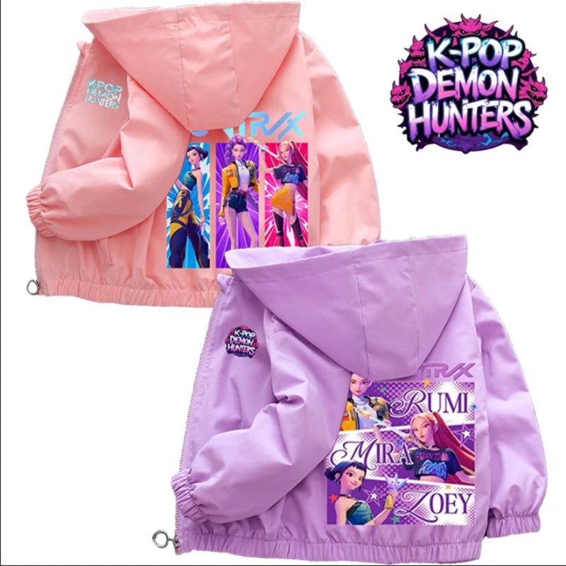 K-pop Demon Hunters 2026 Manteau coupe-vent printemps-automne pour enfants et adolescentes, imprimé dessin animé, veste à capuche imperméable
