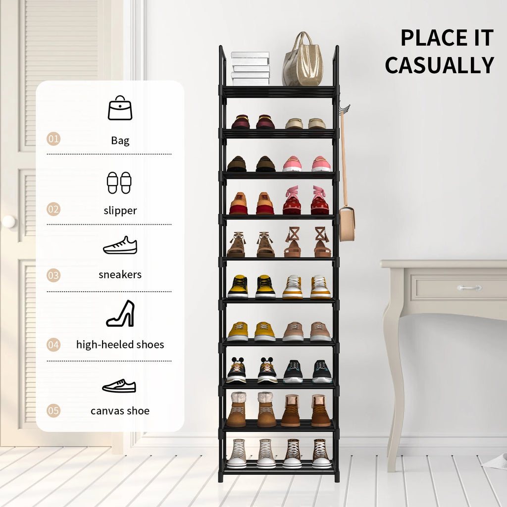 Étagère à chaussures EFAN, rangement à chaussures en métal à 10 niveaux, design personnalisable, structure métallique, étagère gain de place, pour chambre ou couloir.