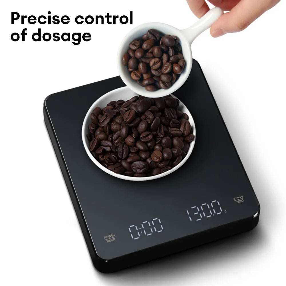 Balance de cuisine numérique avec minuteur, écran LED, port USB, capacité maximale de 3 kg, précision de pesée de 0,1 g, mesures en oz/ml/g.