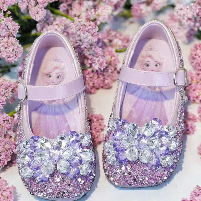 Chaussures décontractées pour enfants Elsa Princesse La Reine des Neiges en cuir PU à paillettes et cristaux, semelle souple antidérapante, violet et bleu, pointures 23 à 34