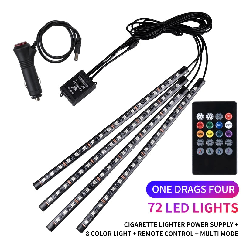 Bande LED néon 48 LED RGB pour éclairage d'ambiance au sol de voiture, avec port USB/prise allume-cigare et télécommande