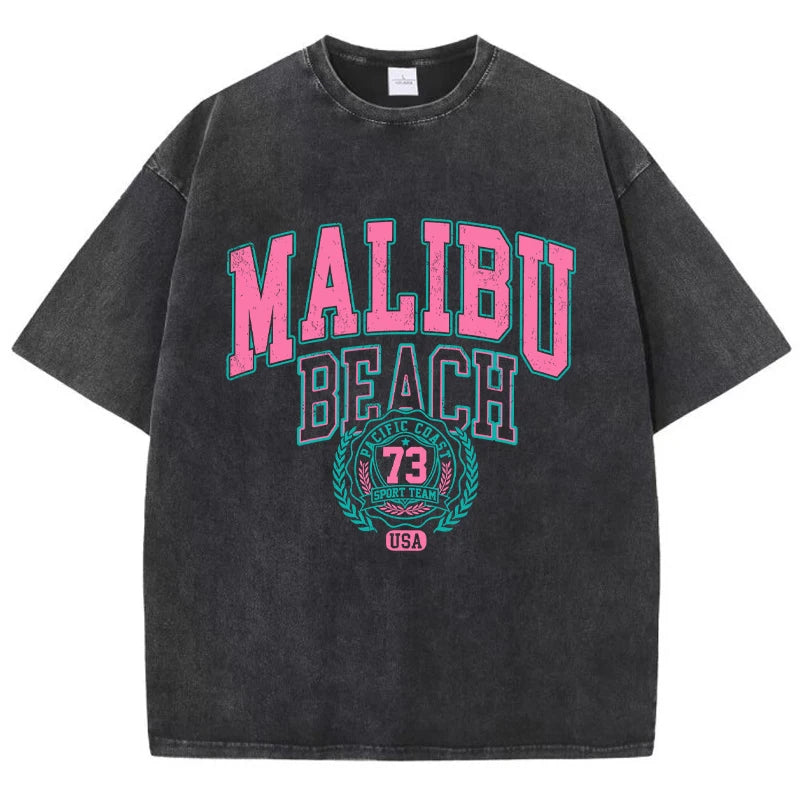 Malibu Beach T-Shirt lavé femmes lettre impression coton T-Shirt confortable col rond hauts décontracté surdimensionné t-shirts vêtements féminins