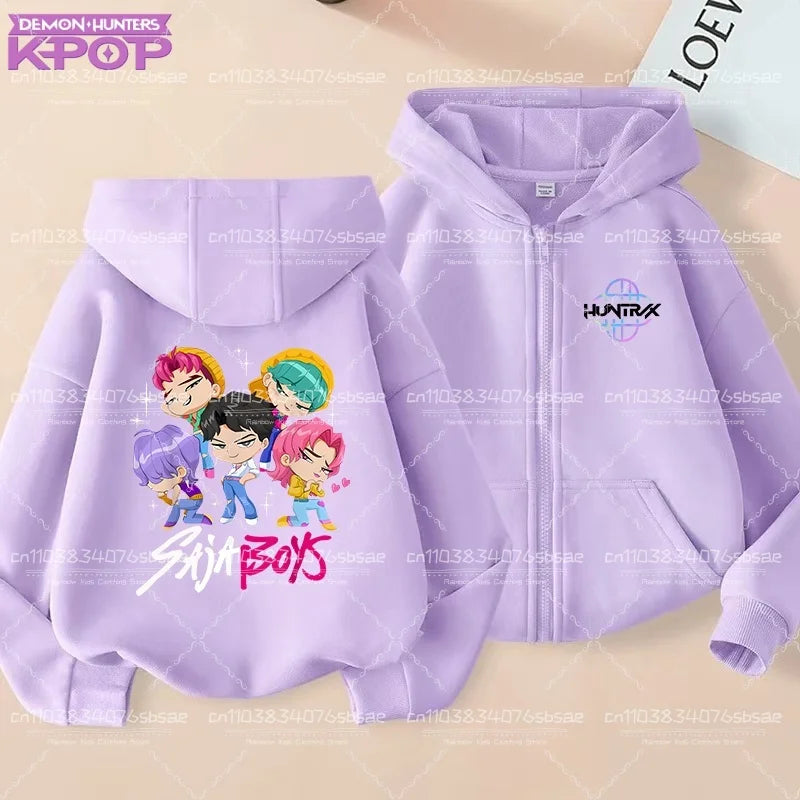Pull à capuche K-pop Demon Hunters pour enfants, style anime, veste zippée tendance, garçon/fille, printemps/automne