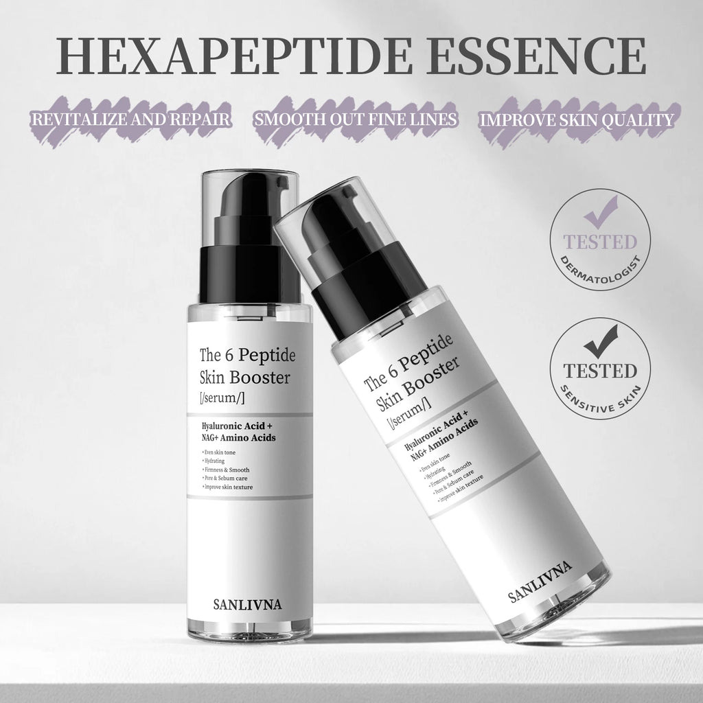 Coffret de soins du visage rafraîchissants à base d'essence de 6 peptides. Contient du collagène pour atténuer les ridules, illuminer le teint, hydrater et nourrir la peau