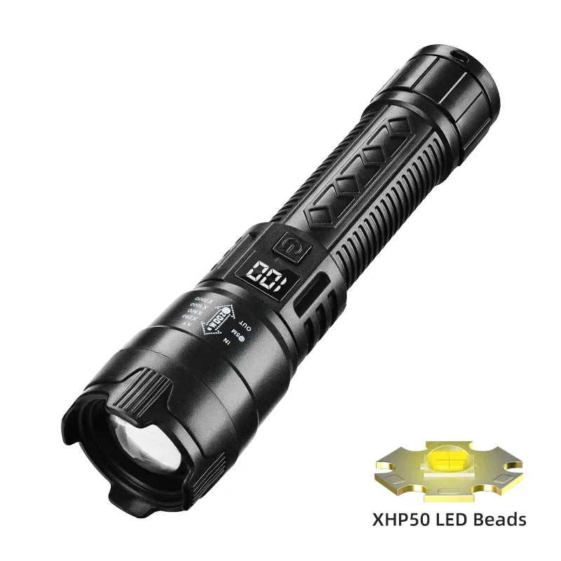 Lampe de poche LED puissante avec affichage de batterie, Rechargeable par USB, Zoom télescopique, torche, lanterne pour Camping en plein air, pêche, 9900lm