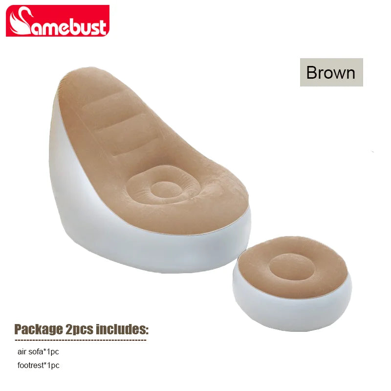 Canapé gonflable Camebust - Revêtement floqué, repose-pieds en PVC de haute qualité, gonflage rapide, fauteuil relax marron