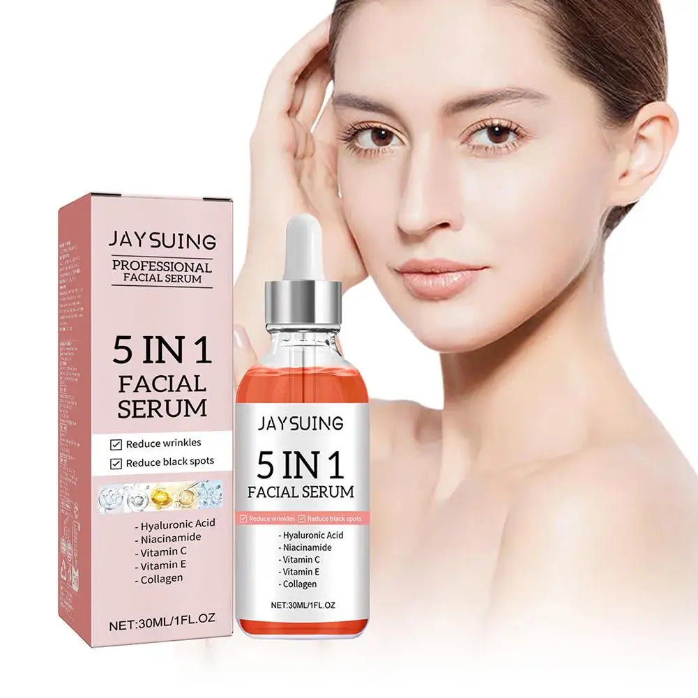 Sérum visage 5 en 1 : Atténue les ridules, raffermit, hydrate et illumine le teint, enrichi en vitamine C et en acide hyaluronique, resserre les pores. Soin de la peau