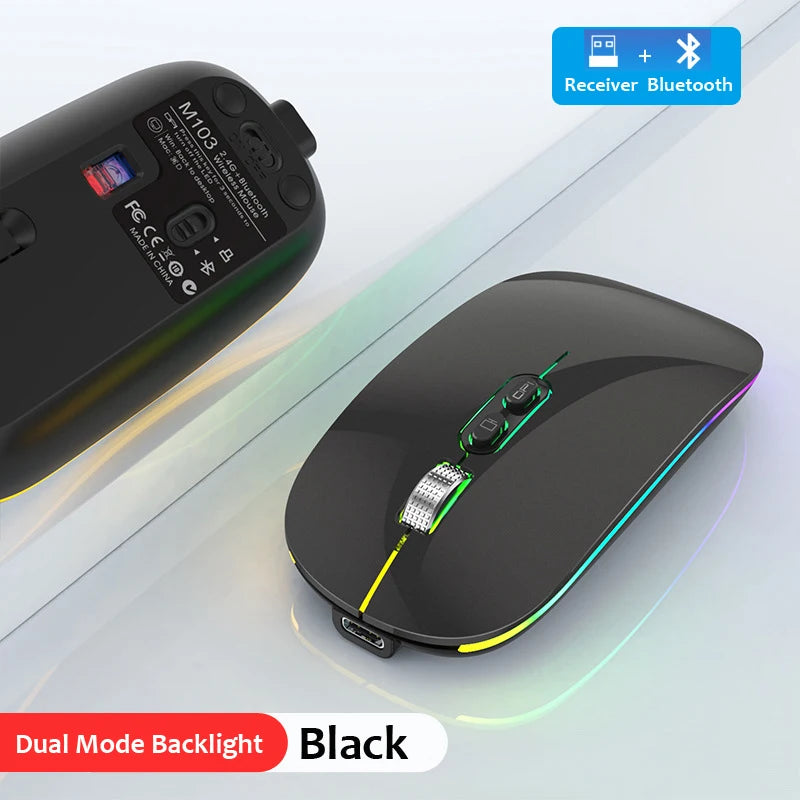 Souris sans fil Bluetooth 2,4 GHz double mode, fonction bureau en un clic, rechargeable USB-C, silencieuse et rétroéclairée, pour ordinateur portable et PC (nouvelle version)
