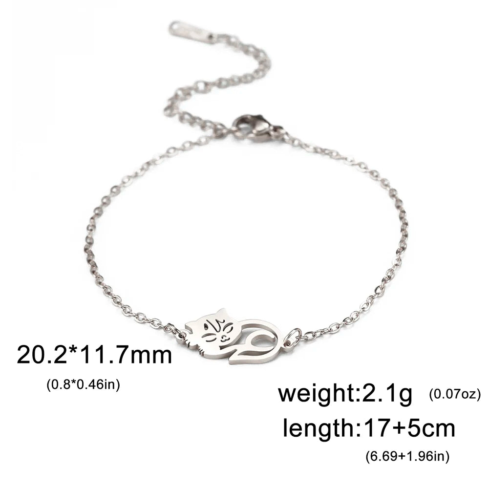 Bracelet Lucktune Chat Mignon en Acier Inoxydable avec Pendentif Animal et Chaîne à Perles - Bijou Tendance Kpop pour Femmes et Hommes - Cadeau Couple