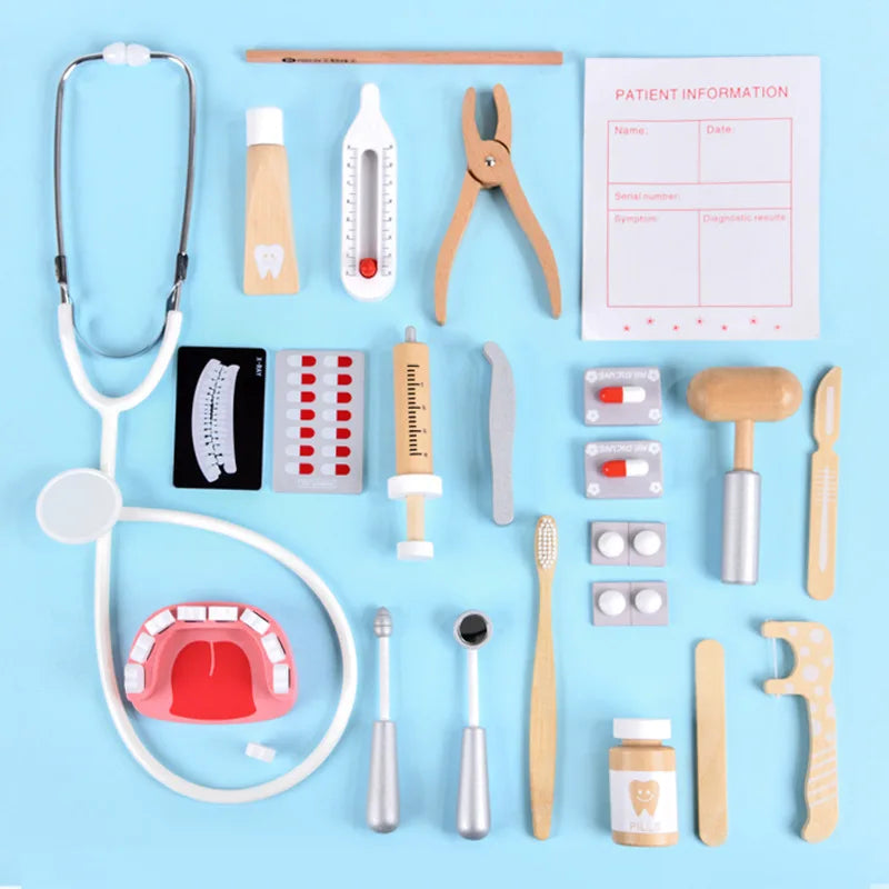 Jeu de rôle en bois de docteur pour enfants : simulation de dentiste, brossage de dents et médicaments