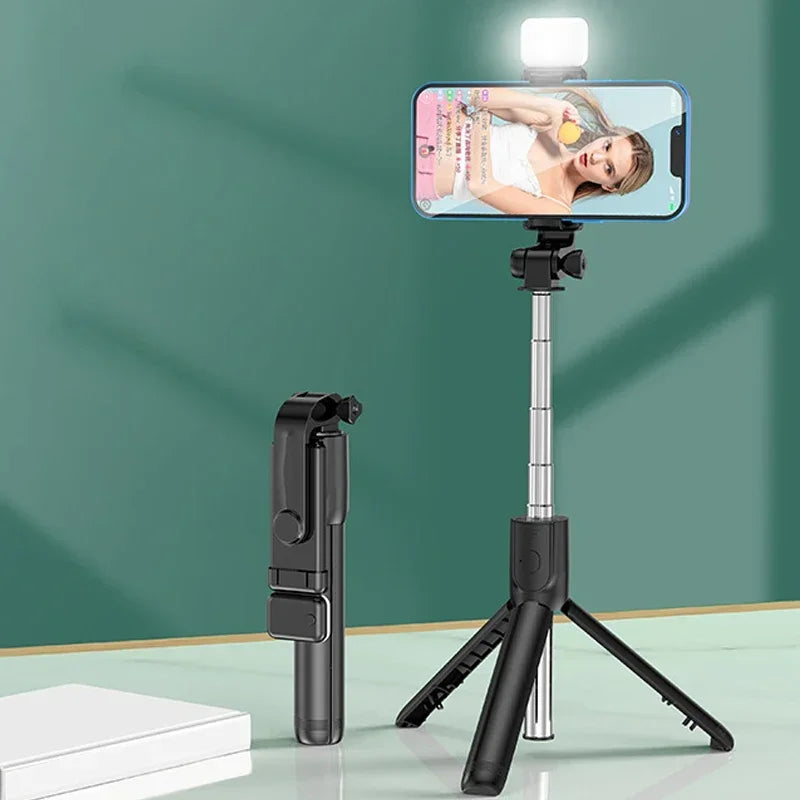 Perche à selfie sans fil avec trépied, lampe et télécommande Bluetooth extensible pour iPhone et streaming TikTok en direct
