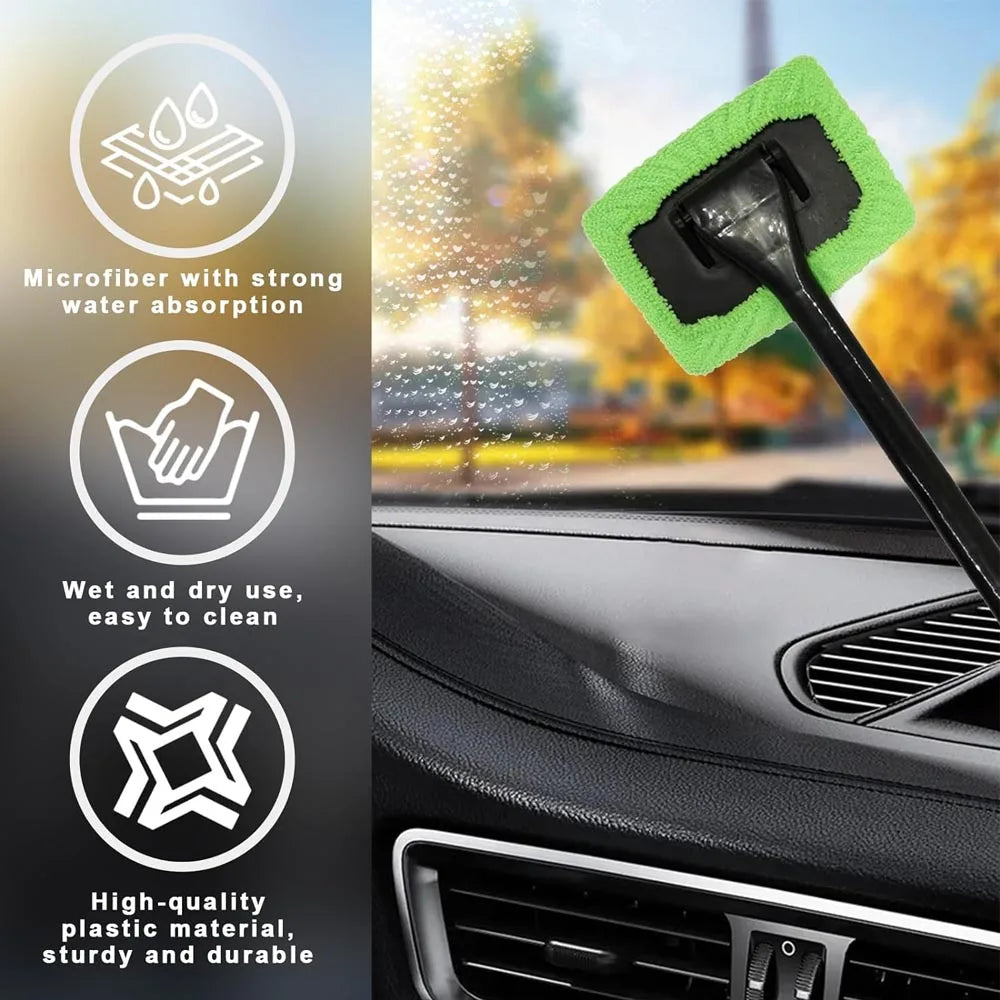 Kit de brosse de nettoyage de vitres de voiture, outil de nettoyage de pare-brise en microfibre, essuie-glace intérieur de voiture, essuie-glace à long manche, tampon en tissu réutilisable