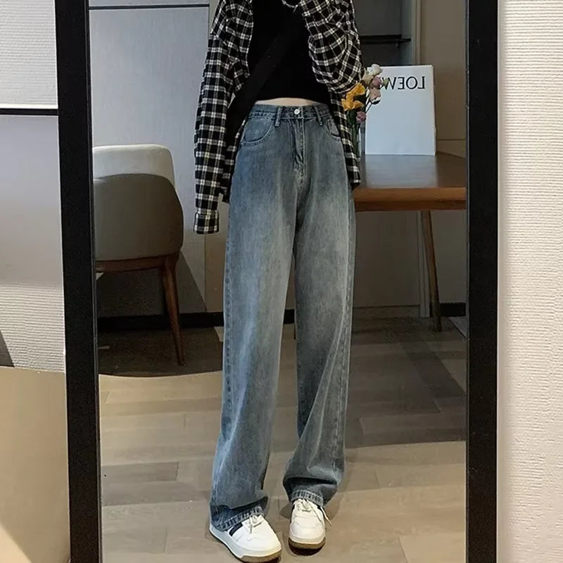 Jeans basiques pour femmes, taille haute, jambes larges, polyvalents et décontractés, nouveaux Styles d'automne et d'hiver adaptés à toutes les saisons