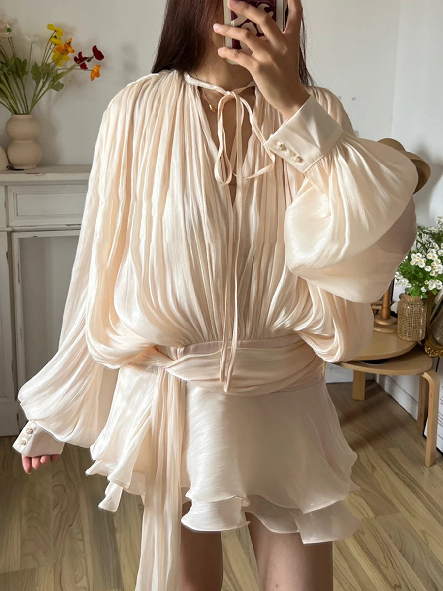 TWOTWINSTYLE – Mini robe chemisier unie pour femmes, col en V, manches longues, à lacets épissés, Style doux, vêtements féminins à la mode