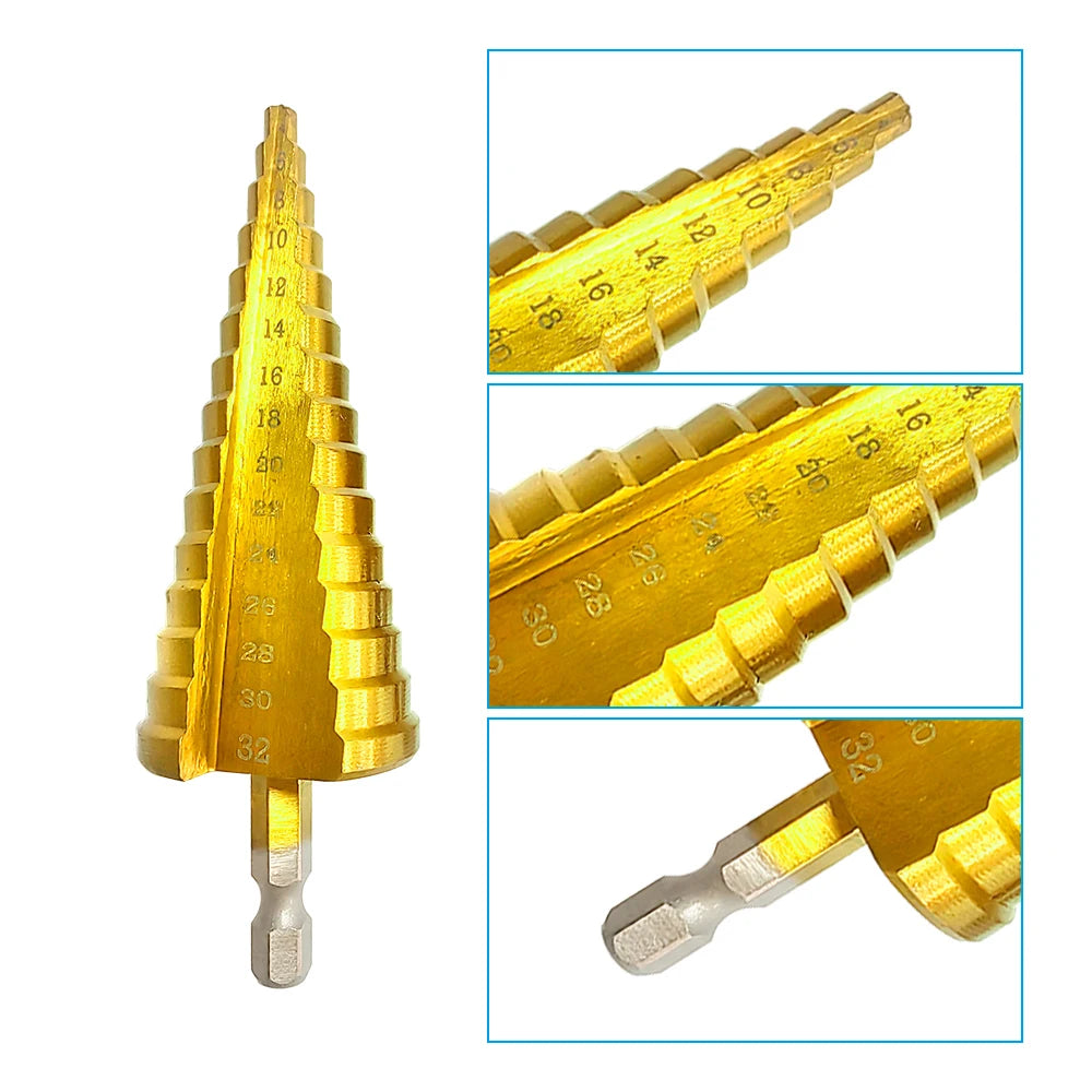 Foret étagé à tige hexagonale plaquée titane, rainure droite 3-12/4-12/4-20/4-32mm, foret pagode, outil de perçage, ensemble d'accessoires