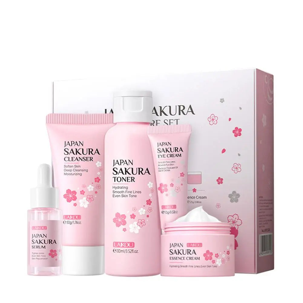 Coffret cadeau Sakura pour le soin du visage (5/3 pièces) : crème, sérum, lotion tonique, nettoyant visage, protection solaire, contour des yeux