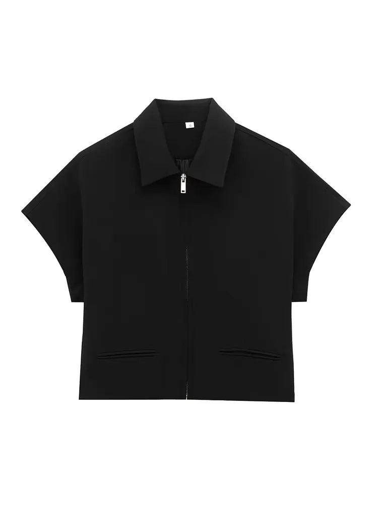 TFMLN – ensemble deux pièces pour femmes, mode, Slim, revers, fermeture éclair, manches courtes, manteau, haut, jambes larges, pantalon, loisirs, noir, été, 2025
