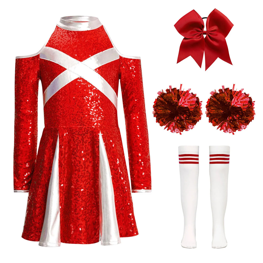 Uniformes de pom-pom girl pour enfants filles, 4 pièces, tenue de danse à l'école, paillettes brillantes, robe à épaules dénudées, déguisement de pom-pom girl de carnaval