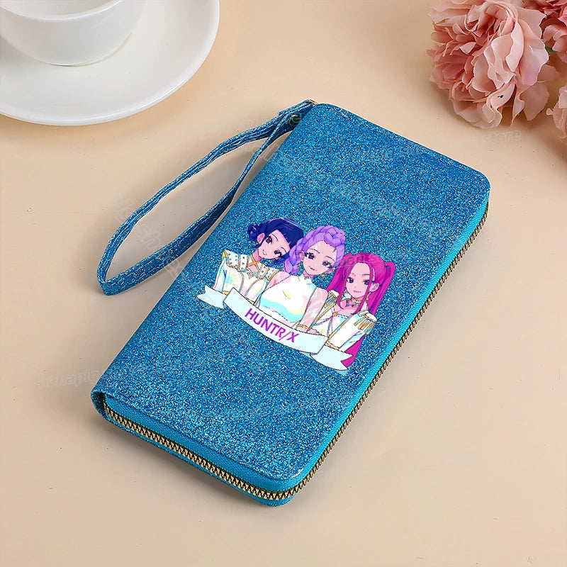 Portefeuille long KPop Demon Hunters pour femmes, à paillettes et fermeture éclair, en cuir PU, porte-monnaie, porte-cartes d'identité, pochette pour femme
