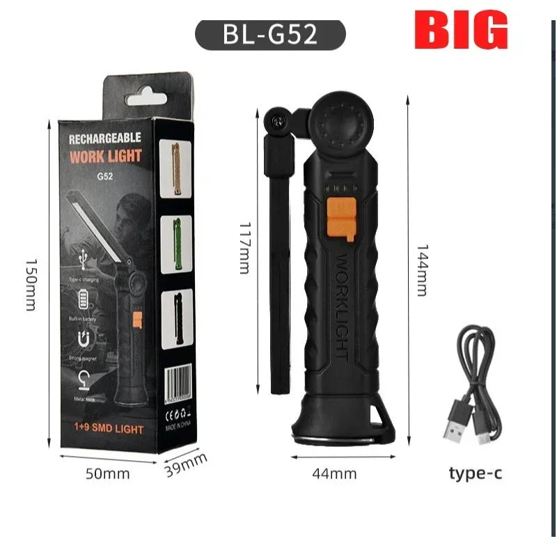 Lampe torche LED COB portable rechargeable par USB, lanterne magnétique suspendue avec batterie intégrée, lampe torche de camping
