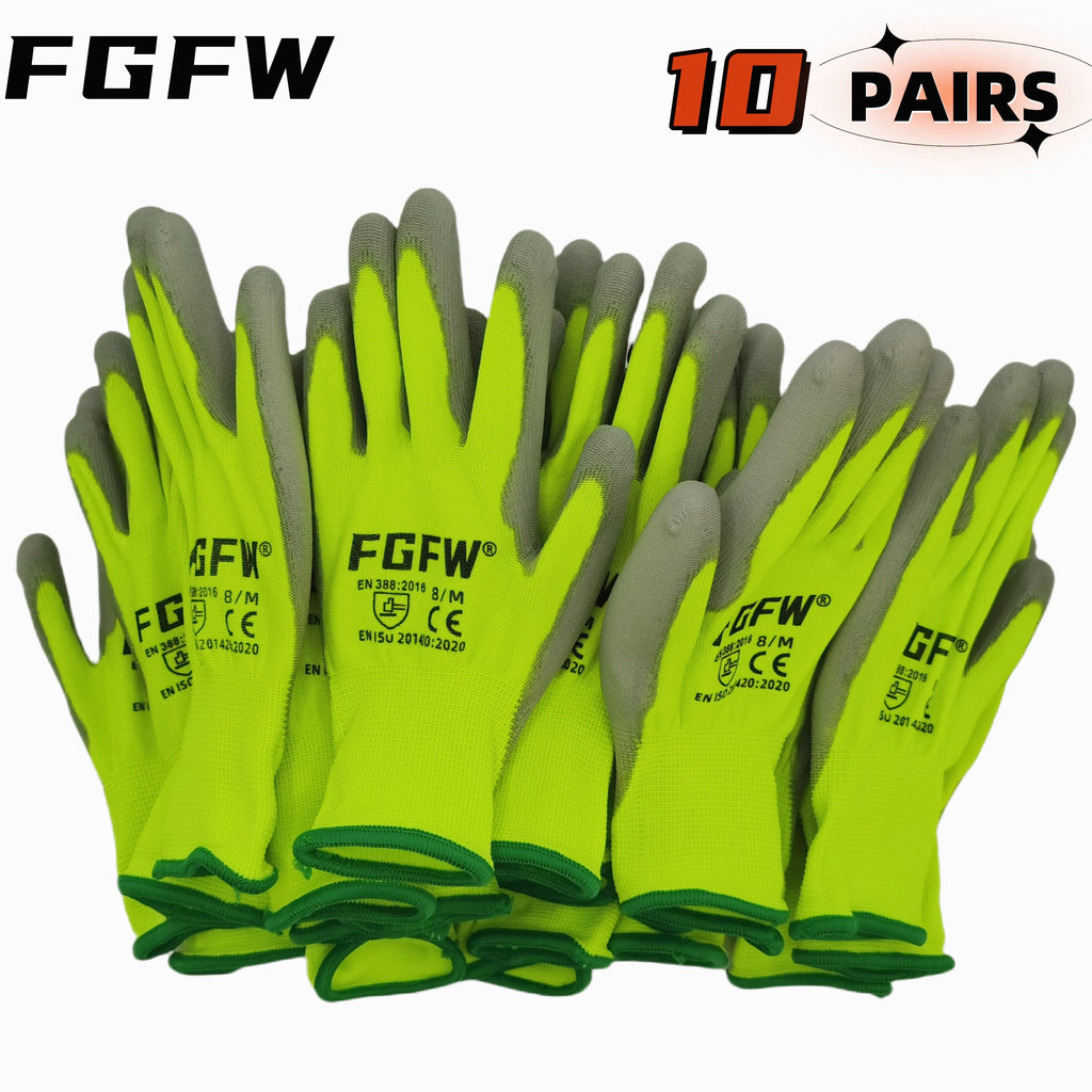 10 paires de gants de travail enduits de PU - Gants de sécurité légers et résistants, certifiés EN 388/ISO 20471, tailles S/M/L/XL