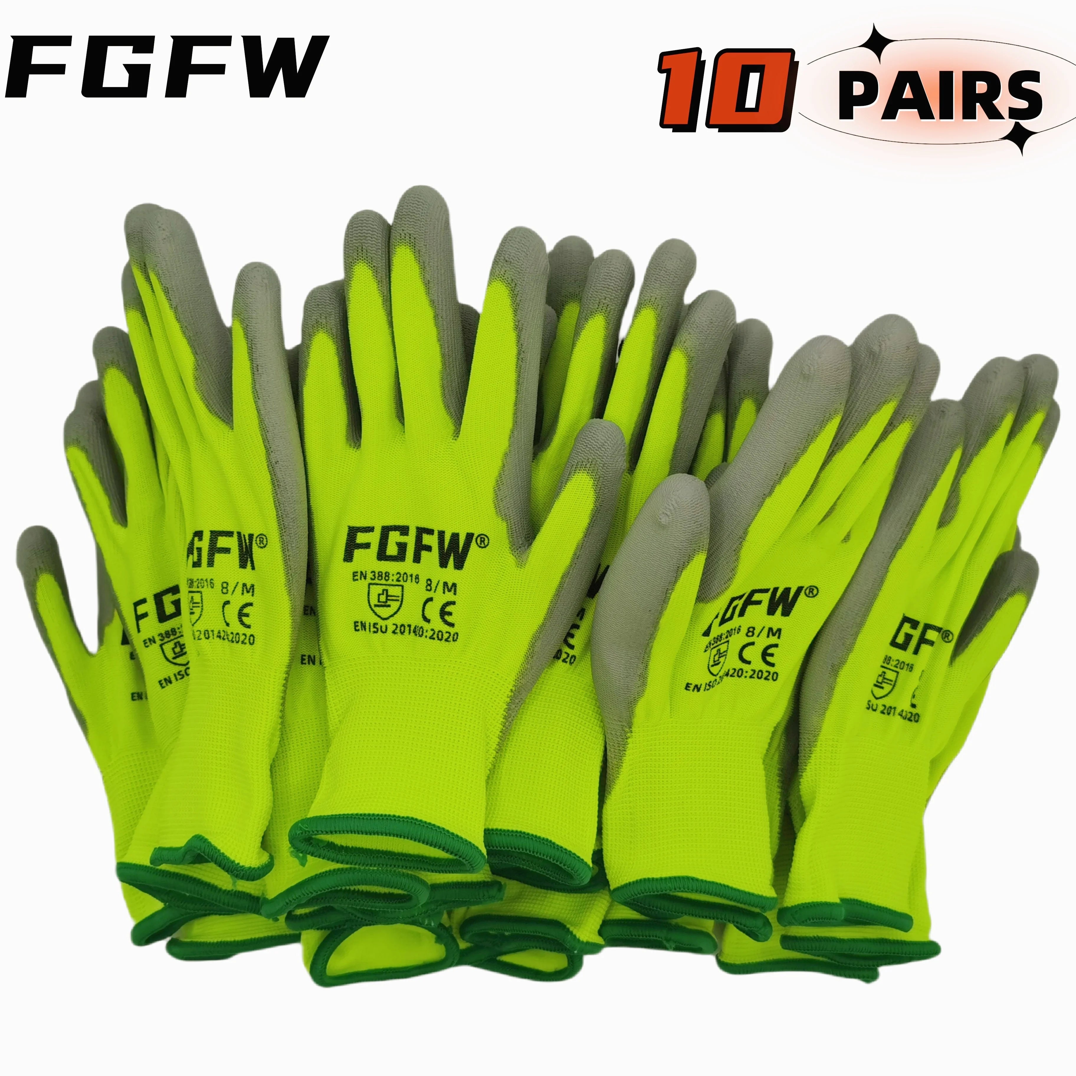 10 paires de gants de travail enduits de PU - Gants de sécurité légers et résistants, certifiés EN 388/ISO 20471, tailles S/M/L/XL