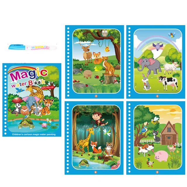 1 livre + 1 stylo - Livre de coloriage réutilisable, livre de peinture à l'eau, jouet de dessin et de puzzle sensoriel pour l'éveil des tout-petits