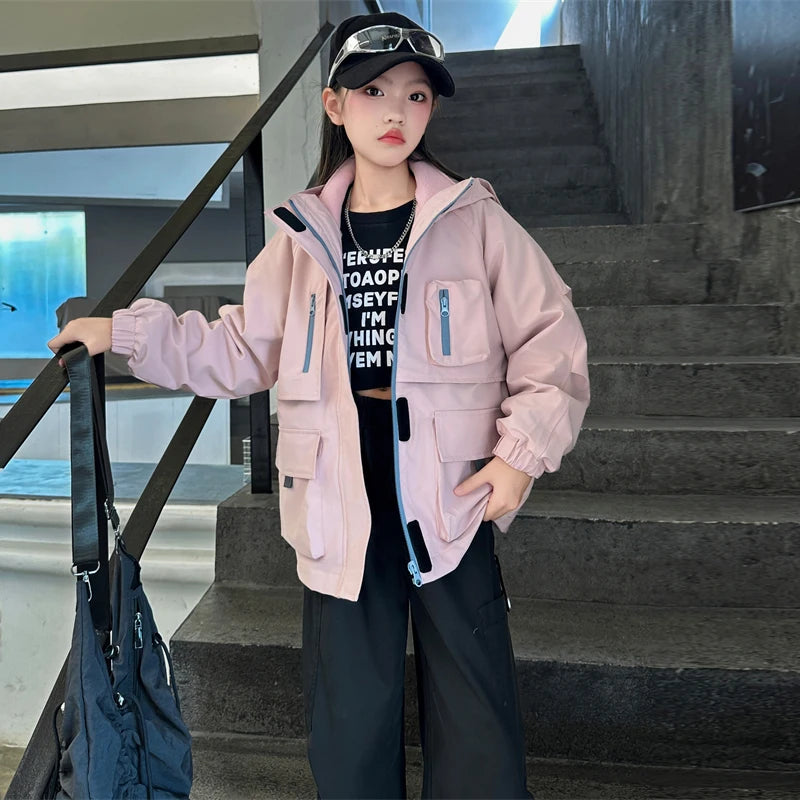 Veste à capuche pour enfant de 4 à 14 ans, ensemble deux pièces pour fille, vêtement d'extérieur sportif pour enfant, style printemps-automne, chaude