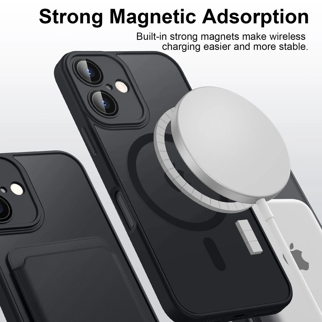 Coque magnétique mate translucide de luxe antichoc pour iPhone 11 12 13 14 15 16 compatible avec la charge sans fil MagSafe