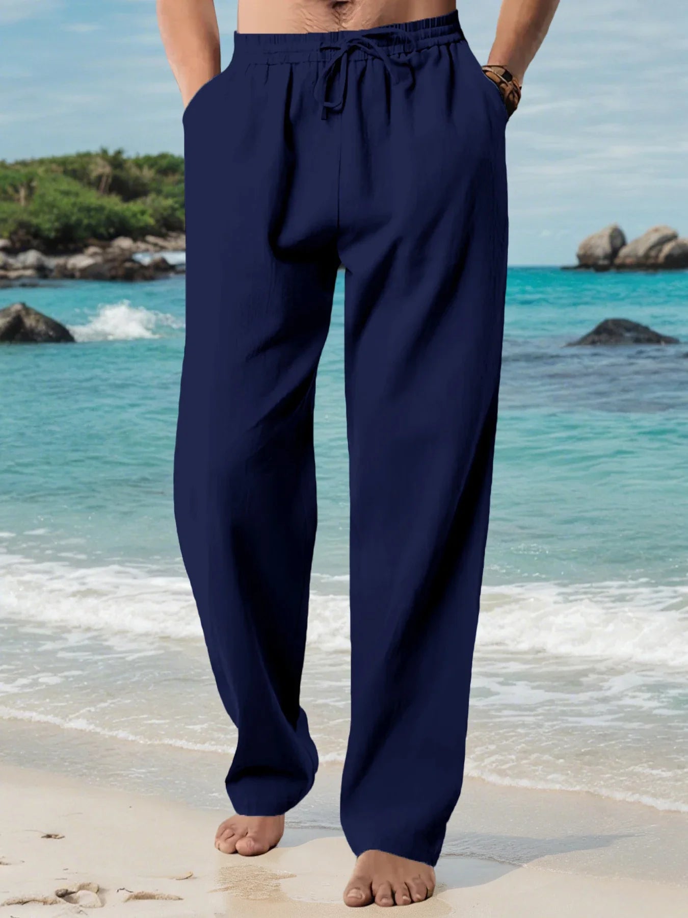 Pantalon long décontracté pour homme, coupe ample et respirante, idéal pour l'été et la plage. Couleur unie, taille élastique avec cordon de serrage