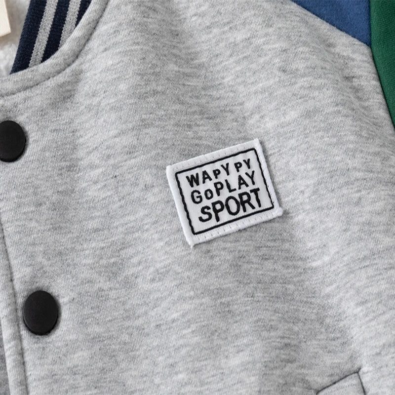 Manteau de Baseball avec lettres pour enfants, automne-hiver 2025, sweat-shirt épais à boutons pour garçons, col en v, manteau de couleur bloquée