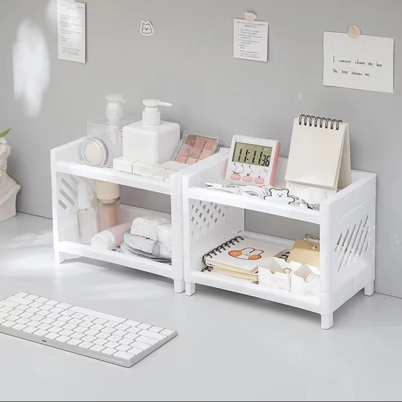 1 étagère de rangement rectangulaire blanche à double niveau en polypropylène (PP) pour bureau, idéale pour organiser le bureau des étudiants, les cosmétiques et la papeterie